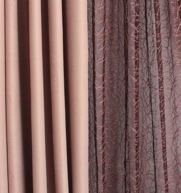 Perdea tul maro rotocoale lame si draperie blackout bej imprimat